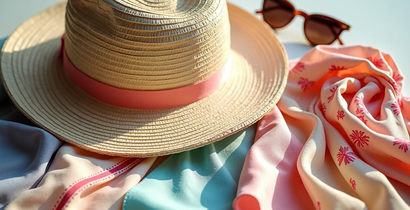 Photo d'un chapeau Panama avec différents bandeaux colorés et accessoires estivaux à côté