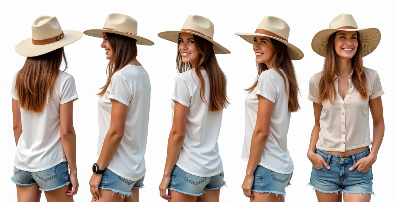 Photos d'une personne portant un Panama avec différentes postures et styles adaptés selon les occasions estivales
