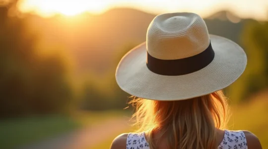 Portrait d'une personne portant un chapeau Panama élégant avec une large bordure, lumière douce d'été, ambiance estivale