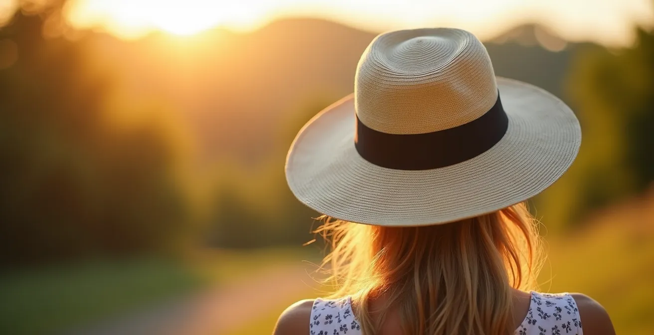 Portrait d'une personne portant un chapeau Panama élégant avec une large bordure, lumière douce d'été, ambiance estivale