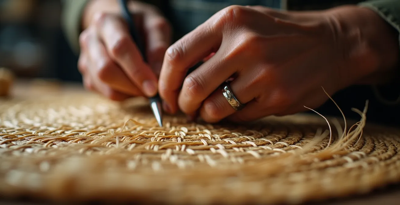 Main d'artisan tissant finement un chapeau Panama avec fibres naturelles
