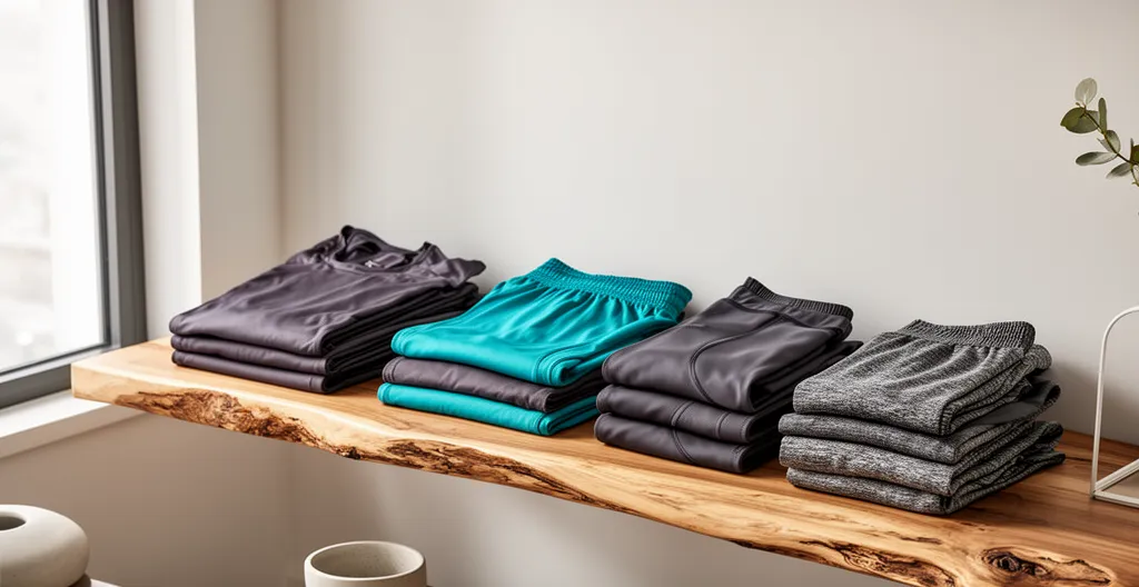 Collection de vêtements techniques pliés sur une étagère en bois