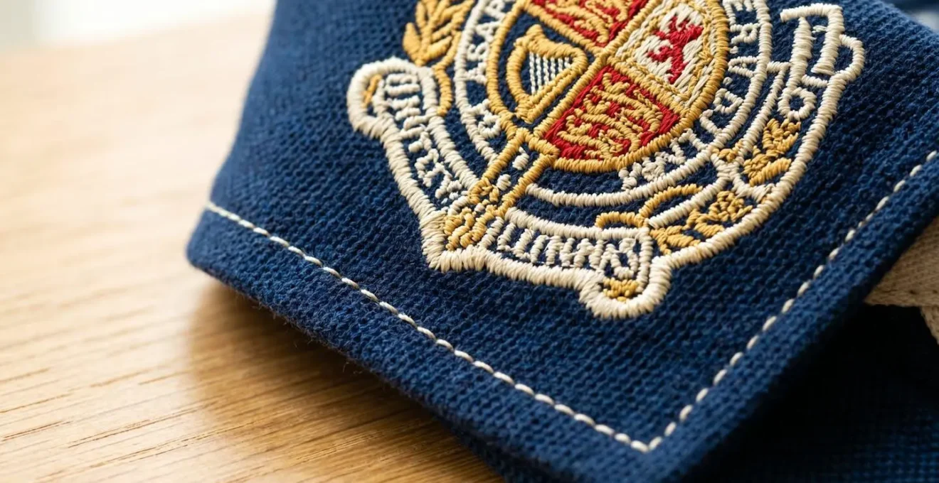 Gros plan sur le col brodé d'un polo rugby montrant les détails de couture et la texture du tissu piqué