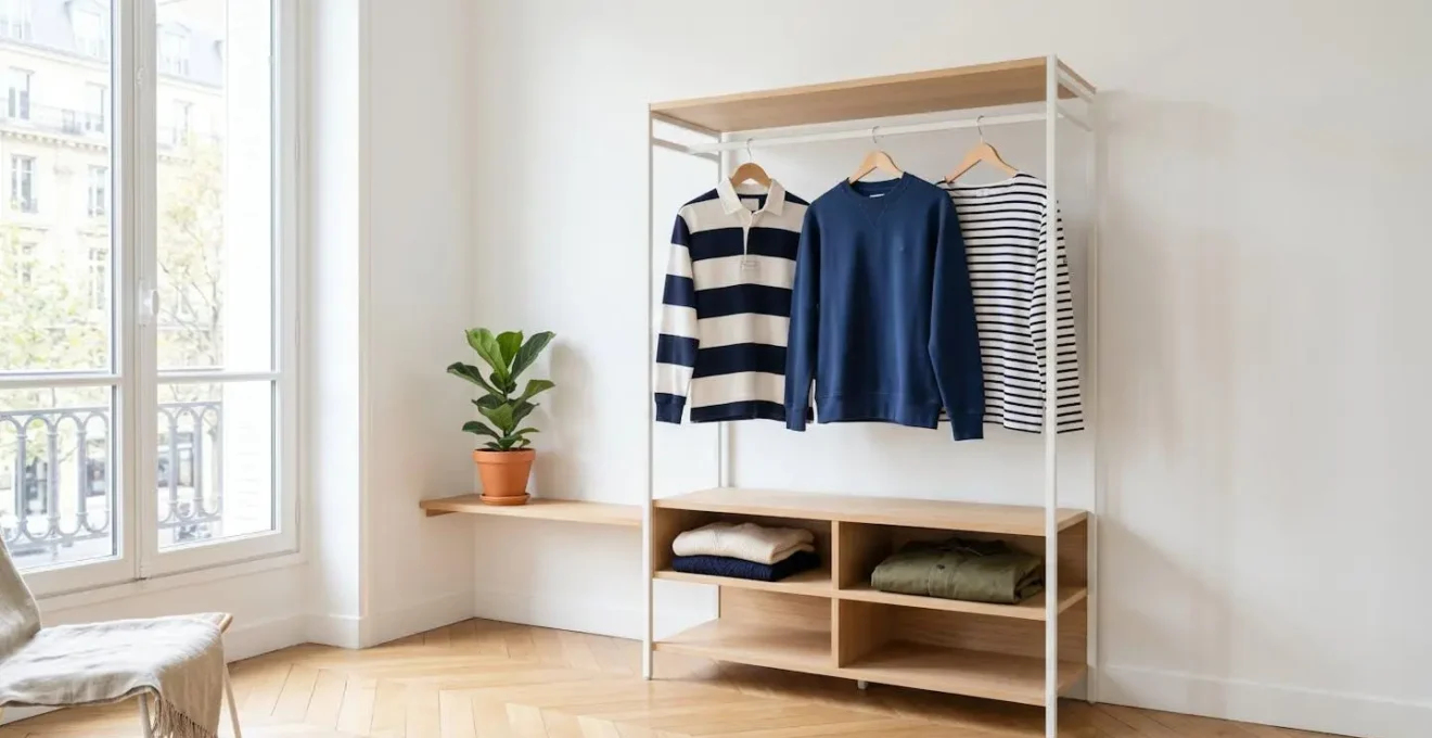 Vue large d'un dressing moderne et épuré avec des vêtements de rugby soigneusement suspendus, baigné de lumière naturelle
