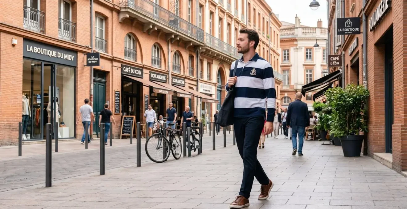 Un homme vu de dos marche dans une rue moderne de Toulouse, portant un polo rugby élégant sous une lumière naturelle douce