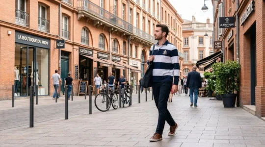 Un homme vu de dos marche dans une rue moderne de Toulouse, portant un polo rugby élégant sous une lumière naturelle douce