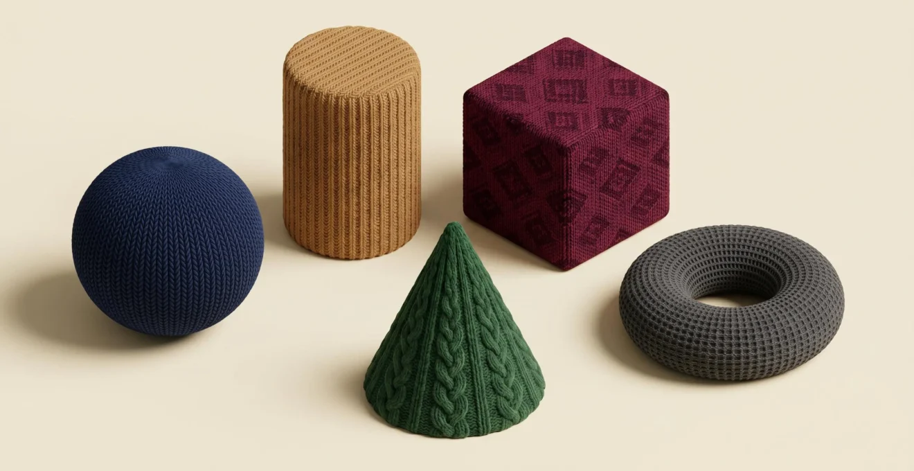Cinq formes géométriques abstraites avec textures maille réalistes en couleurs unies