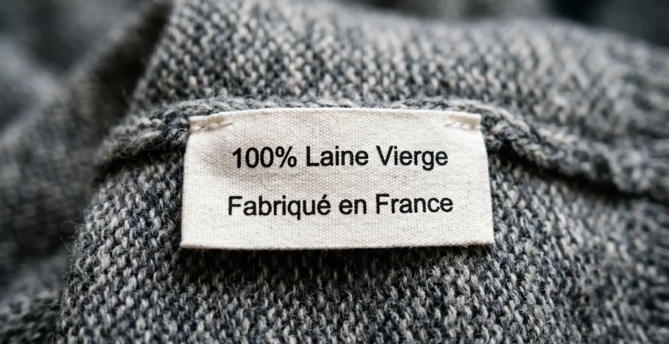 Gros plan étiquette textile indiquant 100% laine vierge fabriqué en France cousue sur maille grise
