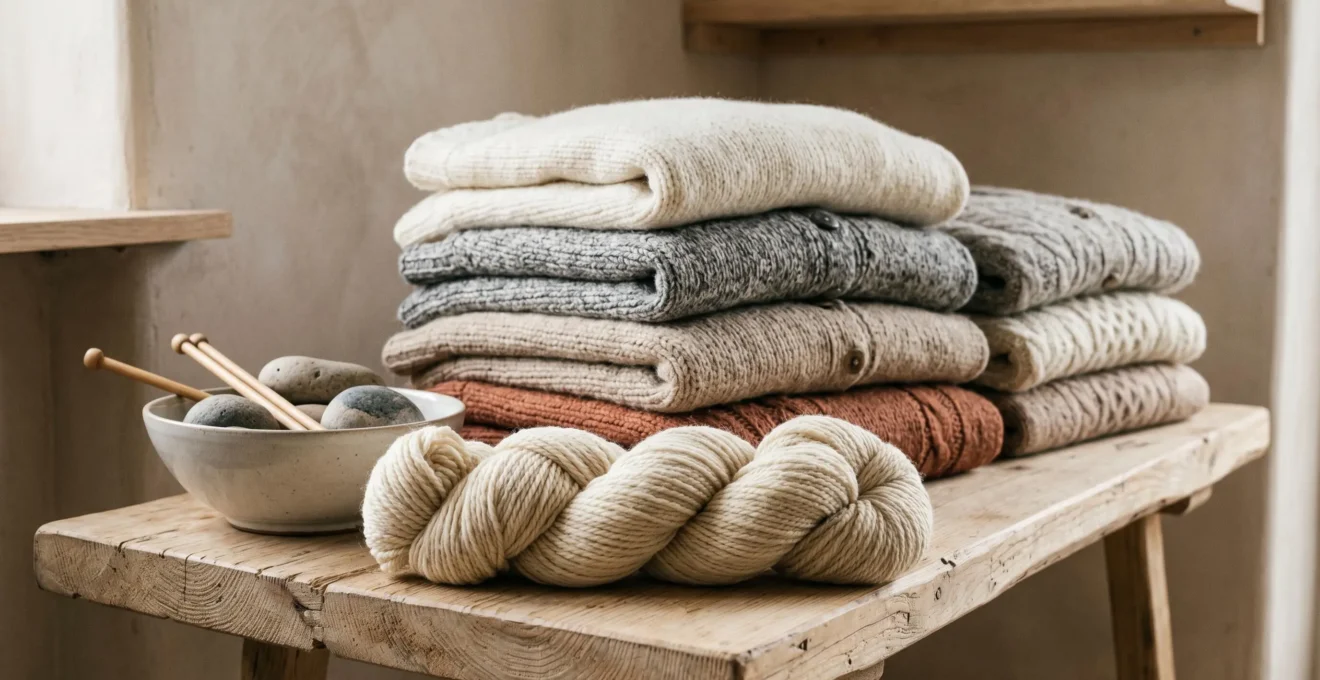 Pile de pulls en maille naturelle pliés sur étagère bois clair avec écheveau de laine vierge