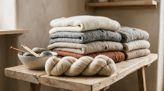 Pile de pulls en maille naturelle pliés sur étagère bois clair avec écheveau de laine vierge