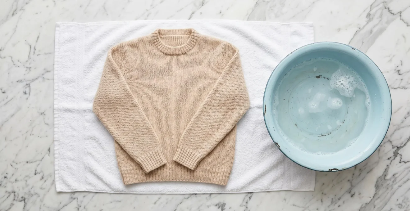 Vue aérienne pull beige à plat sur serviette blanche avec bassine émaillée bleue eau savonneuse
